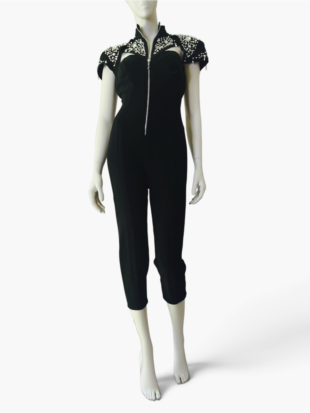 Vintage 1980s Black Rhinestone Catsuit Glam Statement Jumpsuit